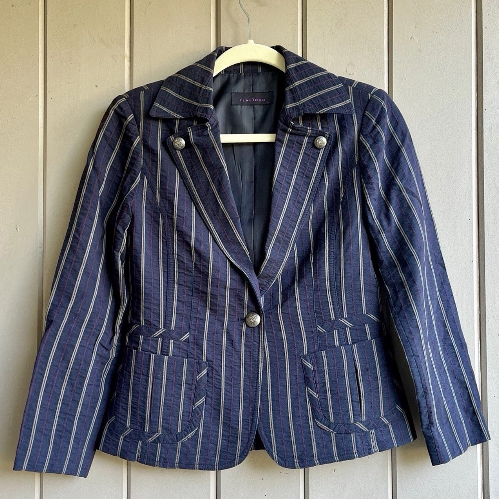 Vintage Flamingo Women's Navy Pin Striped Blazer Jacket Y2K